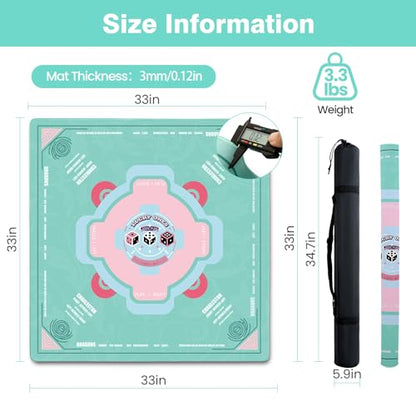 Mahjong Mat - (33"x33") American Mah jongg Mat for Table with Rules (Green) | Noise Reduction Non-Slip Mahjong Table Mat + Carrying Bag & 3 Dice, Neoprene Gaming Pad for Mah jong Tile/Card/Dominoes Games - color: Green