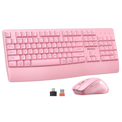 MEETION Wireless Keyboard and Mouse, Full-Sized Cordless Keyboard with Wrist Rest, 3 DPI Adjustable Mouse, Keyboard and Mouse Set with 2.4GHz USB Receiver, for PC/Computer/Laptop/Windows/Mac, Pink - color: Pink