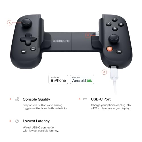 BACKBONE One Mobile Gaming Controller (Black), Phone Controller for Android & iPhone 15/16/17 Series, 2nd Gen, Play Xbox, Fortnite, Call of Duty, With 3-Months Apple Arcade Access - color: Black