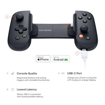BACKBONE One Mobile Gaming Controller (Black), Phone Controller for Android & iPhone 15/16/17 Series, 2nd Gen, Play Xbox, Fortnite, Call of Duty, With 3-Months Apple Arcade Access - color: Black