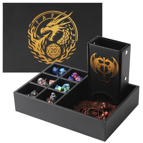 Grajar DND Dice Tray and Dice Tower with Storage, 3 in 1 Dice Rolling Tray with Lid, Portable Dice Box Storage, DND dice Holder for Dungeons and Dragons D&D RPG MTG Table Games - Golden - color: Dragon Gold Glitter