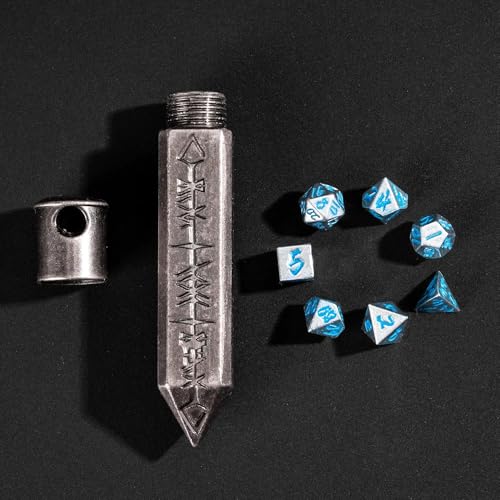 Mini Dice Set with Rune Keychain Case,7PCS Polyhedral Metal Dice Set for DND Role Playing Games(Silver/Silver Blue) - color: Silver/Silver Blue