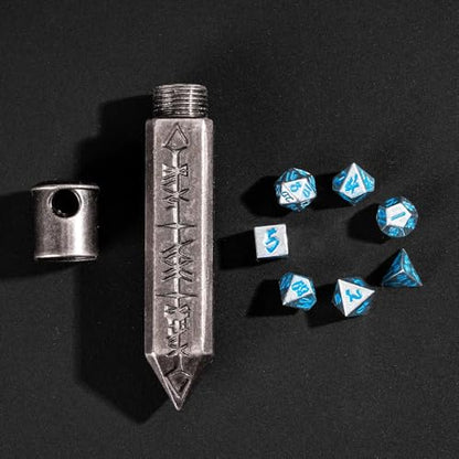 Mini Dice Set with Rune Keychain Case,7PCS Polyhedral Metal Dice Set for DND Role Playing Games(Silver/Silver Blue) - color: Silver/Silver Blue