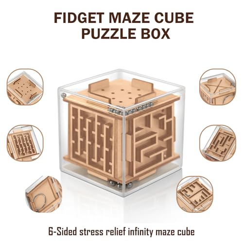 Fidget Puzzle Cube for Kids and Adults - 6-Sided Wooden Puzzle Game Fidget Toy for Anxiety Relief - Handheld Maze Cube for Travel - 3D Brain Teaser Magic Cube Fidget for Christmas Stocking Stuffers