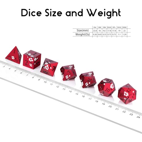 Matt Red DND Metal Dice, DNDND 7 PCS Heavy Metallic D&D Dice Set with Gorgeous Gift Case for Dungeons and Dragon Tabletop Game (Matte Red with White Flower) - color: Flower Red