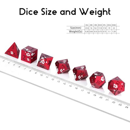 Matt Red DND Metal Dice, DNDND 7 PCS Heavy Metallic D&D Dice Set with Gorgeous Gift Case for Dungeons and Dragon Tabletop Game (Matte Red with White Flower) - color: Flower Red
