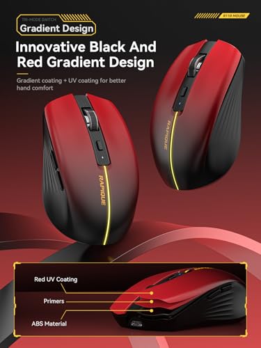 RAPIQUE Bluetooth Wireless Mouse, BT1/BT2+2.4G Tri-Mode, Red Gradient | 3-Device Switching, USB-C Rechargeable, Quiet Clicks, 800/1200/1600 DPI, 6 Buttons, Ergonomic Grip, For Laptop, MacBook, PC - color: Red Gradient