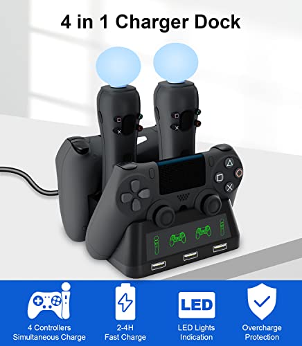 PS4 Controller Charging Dock Station, 4 in 1 PS VR Motion Move Charger Station, Fast PlayStation 4 Controller Charger with LED Indicator Compatible with PS4/Slim/PS4 Pro/PS VR Charging Dock