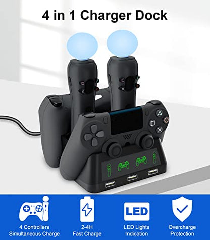 PS4 Controller Charging Dock Station, 4 in 1 PS VR Motion Move Charger Station, Fast PlayStation 4 Controller Charger with LED Indicator Compatible with PS4/Slim/PS4 Pro/PS VR Charging Dock