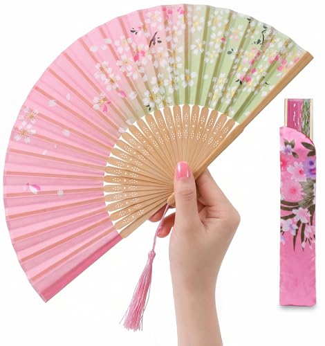 Japanese Folding Hand Fan for Women - Bamboo Silk Handheld Foldable Fan with Tassel & Pouch for Hot Flashes, Rave, Church, Gift,Wedding - Whisper-Quiet, Purse Size (Pink-Green) - color: Pink-green