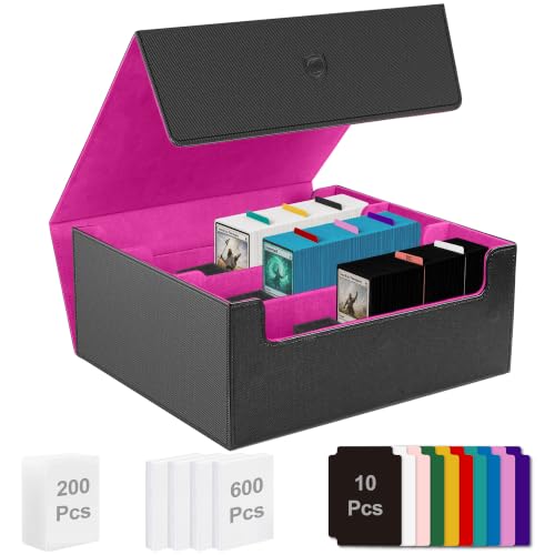 Trading Card Storage Box, Holds 1800 Sleeved Card, PU Magnetic Closure | 200 Toploaders and 600 Penny Sleeves INCLUDED, 10 Dividers and 6 Foam Stoppers INCLUDED, Fit for MTG, TCG and Sports Cards - color: Black and Fuchsia