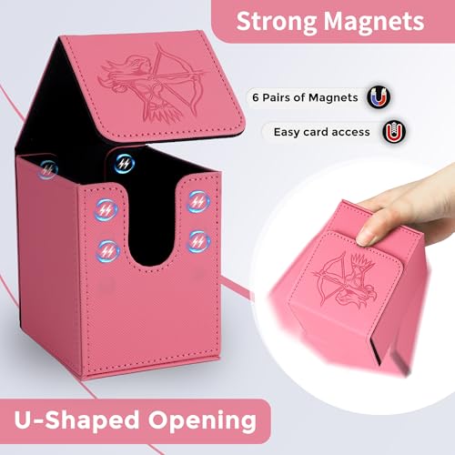 Card Deck Box with 2 Dividers, MTG Commander Deck Box Holds 100+ Double-Sleeved Cards, Leather Magnetic Deck Case Compatible with Magic TCG CCG Cards, Pink/Elf - color: 4. Pink,Elf 01, size: 100 Double-sleeved Cards Vertical