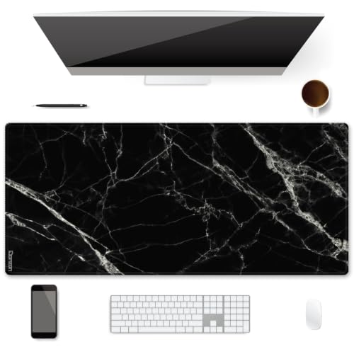 XXL Waterproof Office Desk Pad Protector 35.4x15.7 Inch - Extended Gaming Mouse Pad with Non-Slip Rubber Base, Thickened Keyboard Mat, Stitched Edges & Black White Marble Design - color: Black White