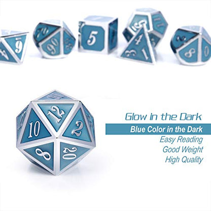 DnDnD Glowing DND Metal Dice Set,Luminous Blue Metal Dice for Role Playing Game Dungeons and Dragons RPGs and Other Table Games - color: Blue Glow in the Dark