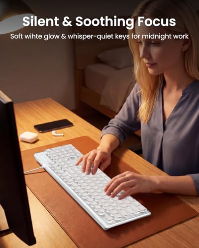 SEUNKWANG Wired Backlit Keyboard with Pudding Keycaps, Quiet Full Size Computer Keyboard White Backlight Easy-to-Read, Never Fade, Metal Panel, USB Cute Desk Setup for Windows PC Desktop, White - color: White