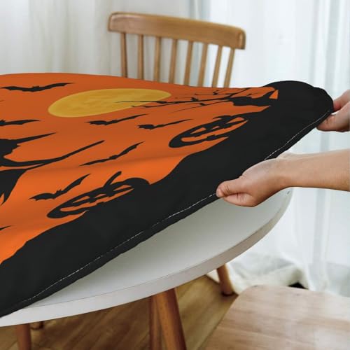 Famame Halloween Witch Moon Pumpkins Round Fitted Tablecloth with Elastic Protector Table Kitchen Dinner Waterproof Oil-Proof Table Covers Fits 40"-44", Small - color: Halloween Witch Moon Pumpkins, size: Small (40"-44")