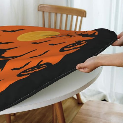 Famame Halloween Witch Moon Pumpkins Round Fitted Tablecloth with Elastic Protector Table Kitchen Dinner Waterproof Oil-Proof Table Covers Fits 40"-44", Small - color: Halloween Witch Moon Pumpkins, size: Small (40"-44")