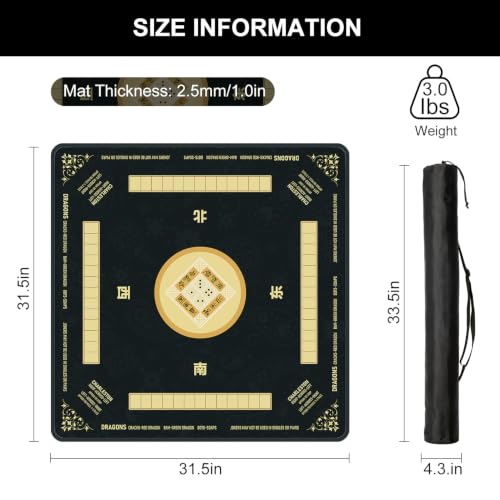 Black Mahjong Mat for Table with Rules, 31.5" x 31.5" Noise Reduction Non Slip Waterproof Mah Jong Table Mat with Carrying Bag, Suitable for Mahjong, Poker, Board Games, Dominoes, and Card Games - color: Black