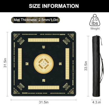 Black Mahjong Mat for Table with Rules, 31.5" x 31.5" Noise Reduction Non Slip Waterproof Mah Jong Table Mat with Carrying Bag, Suitable for Mahjong, Poker, Board Games, Dominoes, and Card Games - color: Black