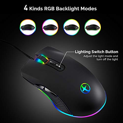 FIRSTMEMORY USB C Ergonomic Wired RGB Gaming Mouse - Optical with Adjustable DPI 800/1600/2400/3200 - Compatible with Notebook, PC, Laptop, MacBook and All Type-C Devices (Black)