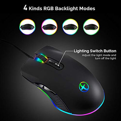 FIRSTMEMORY USB C Ergonomic Wired RGB Gaming Mouse - Optical with Adjustable DPI 800/1600/2400/3200 - Compatible with Notebook, PC, Laptop, MacBook and All Type-C Devices (Black)