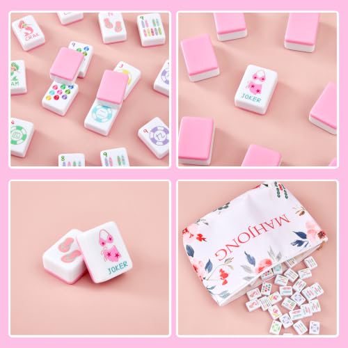 160 Engraved American Mahjong Tile Set Summer Design 1.2" Pink Melamine with Portable Storage Bag and Accessories, 1.2" Mahjong Game Set Cute Design