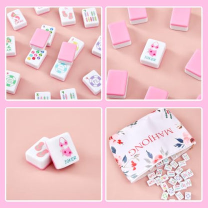 160 Engraved American Mahjong Tile Set Summer Design 1.2" Pink Melamine with Portable Storage Bag and Accessories, 1.2" Mahjong Game Set Cute Design