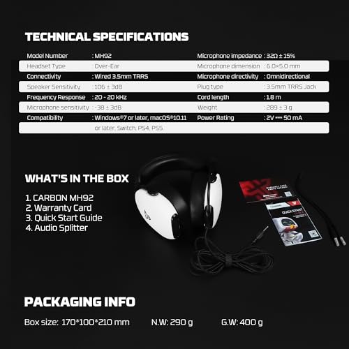 FANTECH Carbon MH92 Multi-Platform Gaming Headset with Noise Cancelling Microphone, 3.5mm Wired, Adjustable Steel Headband for PC, PS4, PS5, Switch, Xbox - Carbon Noise Reduction Technology