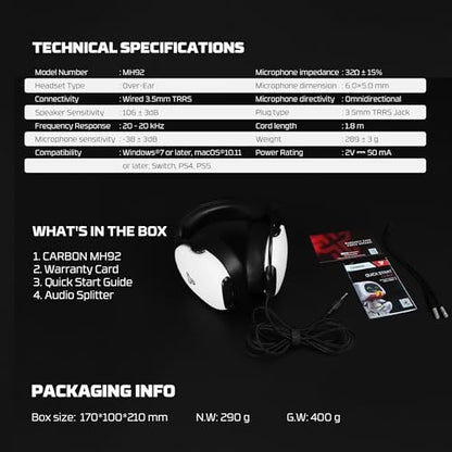 FANTECH Carbon MH92 Multi-Platform Gaming Headset with Noise Cancelling Microphone, 3.5mm Wired, Adjustable Steel Headband for PC, PS4, PS5, Switch, Xbox - Carbon Noise Reduction Technology