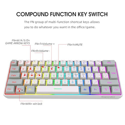 Snpurdiri 60% Wired Gaming Keyboard, 61 Keys RGB Backlit Small Gaming Keyboard for PC/Mac Gamer, Typist, Travel, Easy to Carry on Business Trip(Grey-White) - color: Grey and White