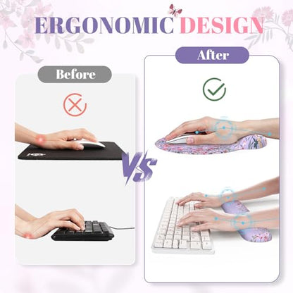 iCasso Desk Mat Set,Large Mouse Pad with Wrist Rest,Ergonomic Keyboard Wrist Support for Women,Girly Floral Computer Mat with Scalloped Edges,Non-Slip Desk Pad Home Office Gaming (Purple) - color: Purple