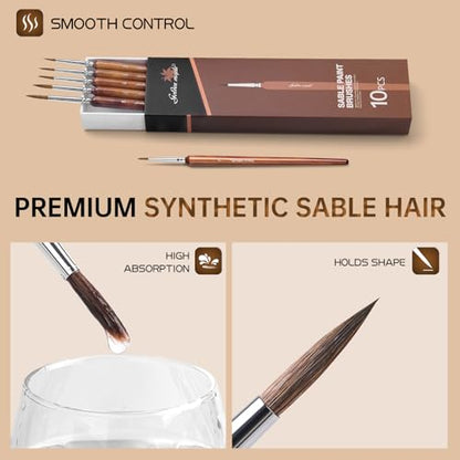 Golden Maple Artist Paint Brushes, 10PC Synthetic Sable Brush Set Miniature Fine Detail Paint Brush, Round Point Paint Brush Set for Miniatures, Acrylic & Figures, Model, Watercolor Details - color: Bronze