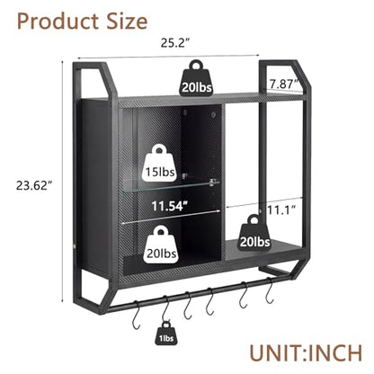 Gaming Floating Wall Shelves with LED Lights, Wall Mounted Shelf | 24" Shelf with Adjustable Glass Bar & 6 Hooks, Gaming Wall Shelf for Bedroom Gaming Room Living Room Office