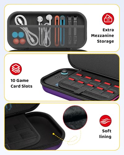 Switch 2 Slim Hard Shell Carry Case for Nintendo Switch 2 2025/Switch/OLED | Hard Shell Carrying Case with Soft Lining, 10 Card Slots, Durable Ballistic Nylon, Soft Silicone Handle, Switch2 Carry Case - color: Purple
