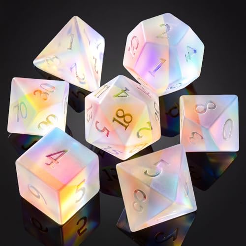 Natural Iridescent Glass Dice Set, 7-Piece Handcrafted Polyhedral Dice with Gold Engraving, Ideal for D&D, RPG, MTG & Tabletop Games, Gift Box Included (Iridescent Glass) - color: Iridescent Glass