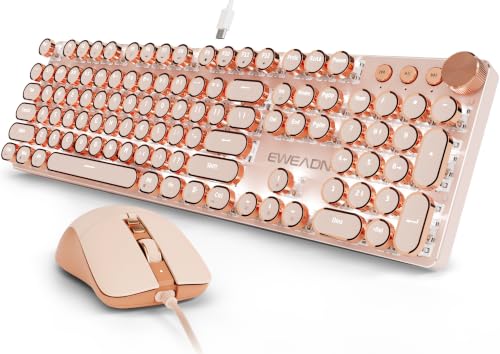 EWEADN Wired Typewriter Keyboard and Mouse Combo, Typewriter Style Mechanical Keyboard,104 Keys Backlit LED Keyboards, Media Control Knob, Wired Keyboard Pink Switch for Windows/PC-Rose Gold - color: Rose Gold