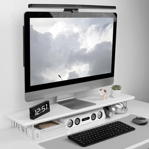Bamboo Monitor Stand Riser, Natural Desk Shelf with Acrylic Legs | 31.5-Inch Wide, 3.3-Inch Clearance, Fits Monitor, Laptop, Printer and Speakers for Small Desks - color: White