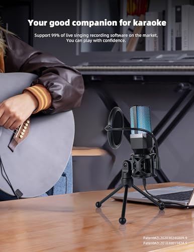 USB Microphone for PC, Gaming, Streaming, Podcasting, Recording, Dynamic Condenser Mic with RGB Light, One-Touch Mute, Gooseneck Tripod, USB-C/USB-A, Vocal Mic for Singing YouTube
