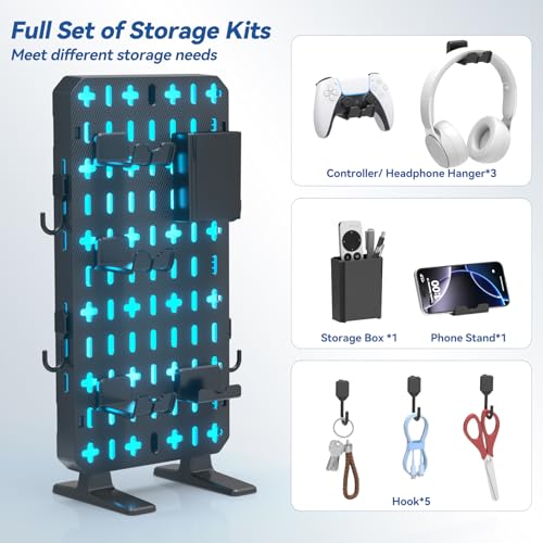 KDD 6 in 1 RGB Gaming Desk Accessories - No Drill Desk Organizer with Phone Stand/Storage Box/Headset & Controller Holder/Hooks, Freestanding Gaming Pegboard for Office & Home Desktop Decor Organizer