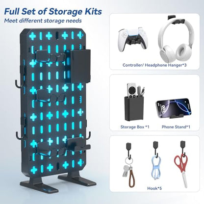 KDD 6 in 1 RGB Gaming Desk Accessories - No Drill Desk Organizer with Phone Stand/Storage Box/Headset & Controller Holder/Hooks, Freestanding Gaming Pegboard for Office & Home Desktop Decor Organizer