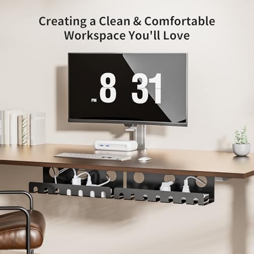 Delamu 2 Pack Metal Under Desk Cable Management Tray, U Channel Cord Organizer Box, Office Under Desk Cord Organizers, Cable Management with Various Accessories, Black, 15.75 Inches