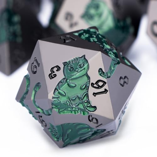 Metal DND Cat Dice 7PCS Polyhedral RPG Dice Set with Gift Case for Dungeons Dragons Role Playing Game, D and D Dice D6 D8 D10 D12 D20 D% (Grey Green) - color: Cat-grey Green