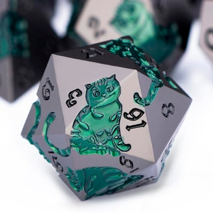 Metal DND Cat Dice 7PCS Polyhedral RPG Dice Set with Gift Case for Dungeons Dragons Role Playing Game, D and D Dice D6 D8 D10 D12 D20 D% (Grey Green) - color: Cat-grey Green