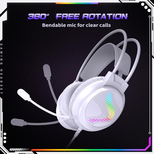 J11 Gaming Headset with Microphone, Noise Cancelling Gaming Headphones Compatible with PS4 PS5 Xbox One PC Laptop, Over-Ear Headset with LED RGB Light, 7.1 Stereo Surround Sound (White) - color: White