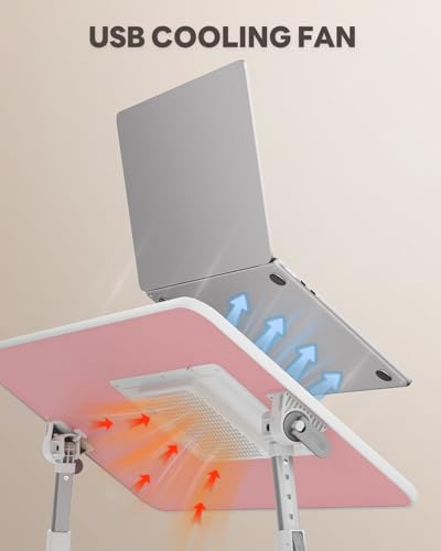 Laptop Desk for Bed with Cooling Fan, Height & Angle Laptop Stand | SAIJI Lap Desk Tray Table, Adjustable Lightweight Foldable Portable Computer Table - color: Pink