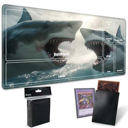 Board Game Mat TCG Playmat Plus 50 Pcs Card Sleeves, 24 x 14 inches Table Mats Games Mousepad with Zones Smooth Surface for MTG RPG CCG Trading Card Game Play Mats, Sharks - color: Sharks, size: Zone 1