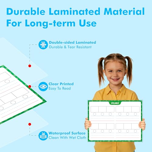 2PCS Phonemic Awareness Boards, Fully Laminated Double-Sided Syllable Cards, Dry-Erase Phonics Games, Speech Therapy Material Learning Board for Kids, Students, Classroom and Home (8.5” x 11”)