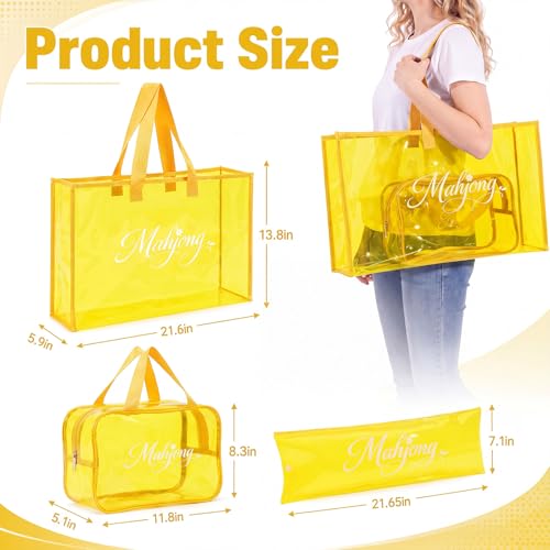 3 Pcs Clear Mahjong Bag Set, Waterproof PVC Tote Bags with Zipper Closure Large Medium Carry Bag with Storage Pouch Transparent Organizer for Mahjong Tiles, Travel,Game(Yellow) - color: Yellow