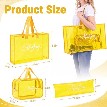 3 Pcs Clear Mahjong Bag Set, Waterproof PVC Tote Bags with Zipper Closure Large Medium Carry Bag with Storage Pouch Transparent Organizer for Mahjong Tiles, Travel,Game(Yellow) - color: Yellow