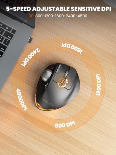 Ergonomic Wireless Trackball Mouse, Rechargeable Adjustable 0°/18° Angle | SABLUTE MAM1 Pro Thumb Control Mice, Quiet Click, 3 Multi-Device Bluetooth & USB Receiver for Office, Windows Mac-Gray Ball - color: Gray ball